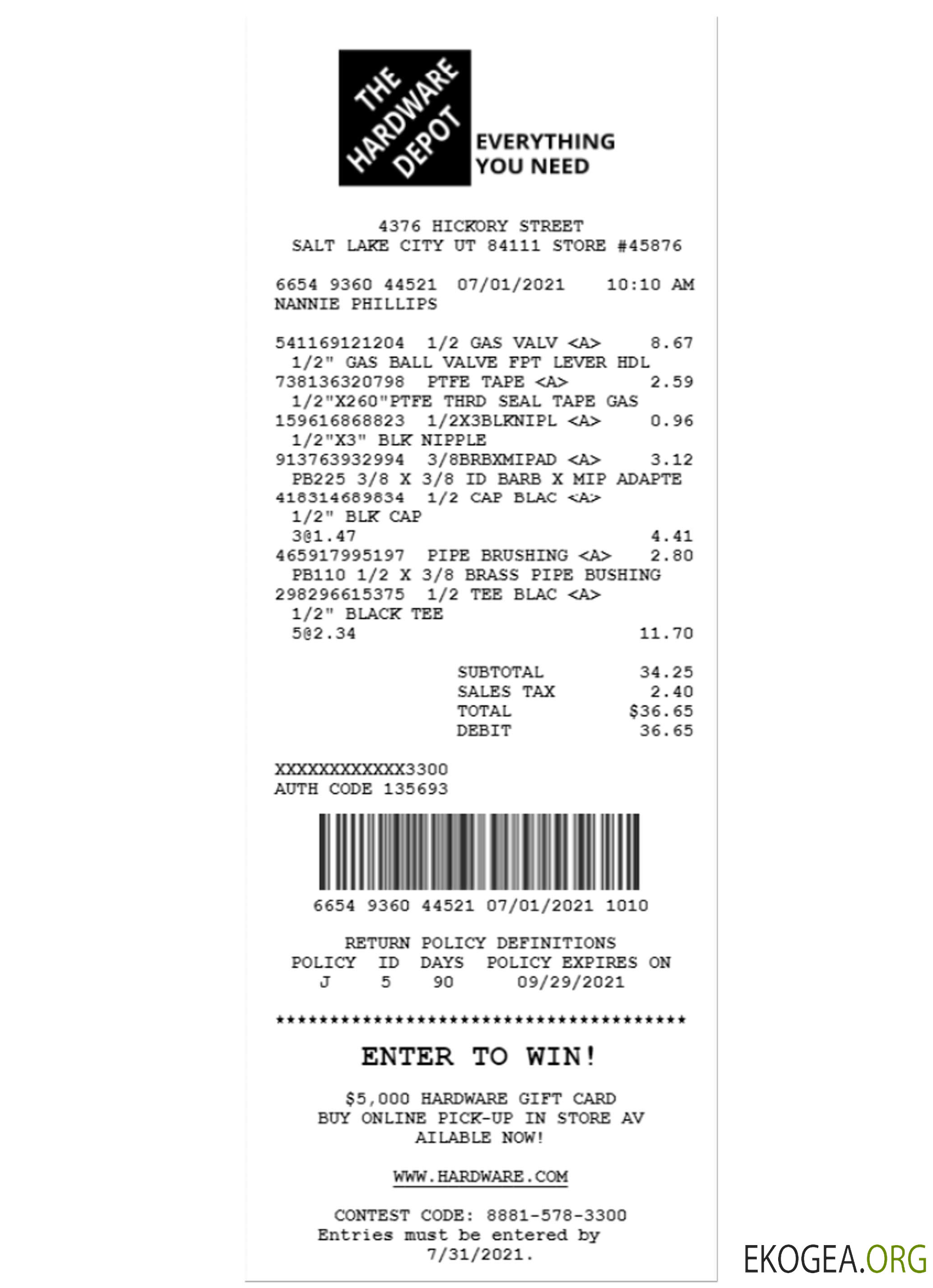 Modèle de reçu THE HARDWARE DEPOT